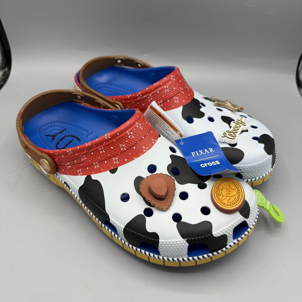 NEW Crocs Toy Story Woody Cow Print Clog Sandals Multicolor Slip-On Mens Size 11